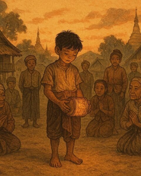 A poor Burmese boy holding a magical drum that reveals truth to villagers.