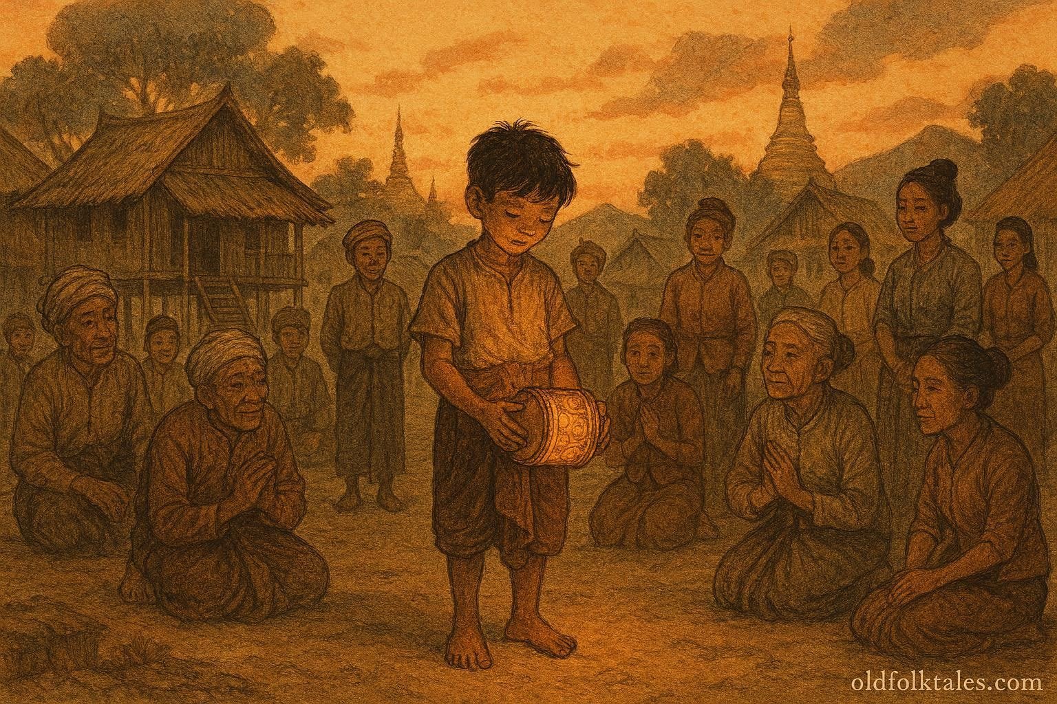 A poor Burmese boy holding a magical drum that reveals truth to villagers.