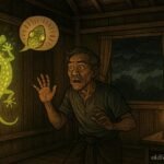 A mystical gecko warning a landlord inside a traditional Luang Prabang house in Lao folklore.