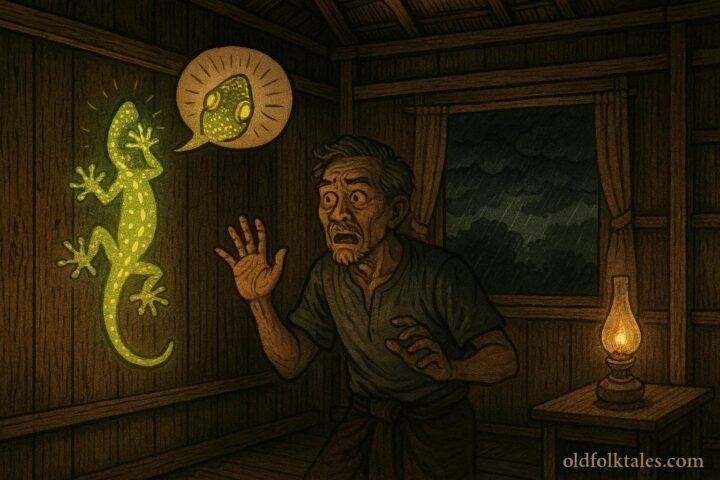 A mystical gecko warning a landlord inside a traditional Luang Prabang house in Lao folklore.