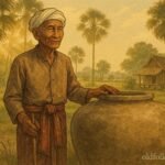 A Cambodian farmer stands beside a large clay jar used to trap a tiger, with palm trees and a rural village in the background.