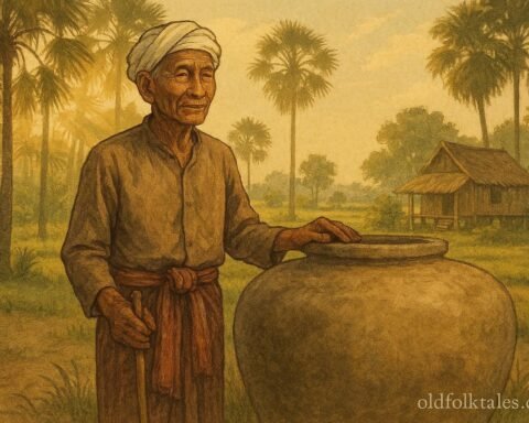 A Cambodian farmer stands beside a large clay jar used to trap a tiger, with palm trees and a rural village in the background.