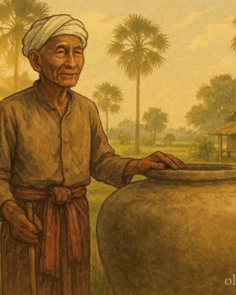 A Cambodian farmer stands beside a large clay jar used to trap a tiger, with palm trees and a rural village in the background.