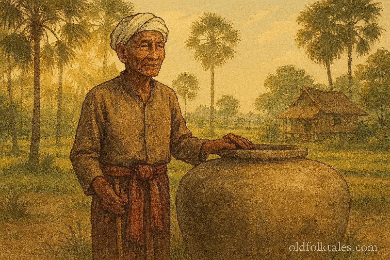 A Cambodian farmer stands beside a large clay jar used to trap a tiger, with palm trees and a rural village in the background.