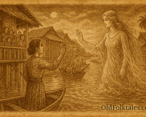 Sepia-toned parchment illustration depicting the Bruneian folktale of the Weeping Water Princess. A glowing, ethereal woman made of flowing water rises from the moonlit river, her sorrowful face streaming with tears. She extends one hand toward a young woman standing on a wooden boat, reaching out in reverence. Villagers in traditional clothing gather on stilted homes and boats, watching in awe and remorse. The river is filled with debris, reflecting the Princess’s grief. The background features palm trees, a winding riverbank, and a silver moon casting soft light over the scene. “OldFolktales.com” is inscribed at the bottom right.