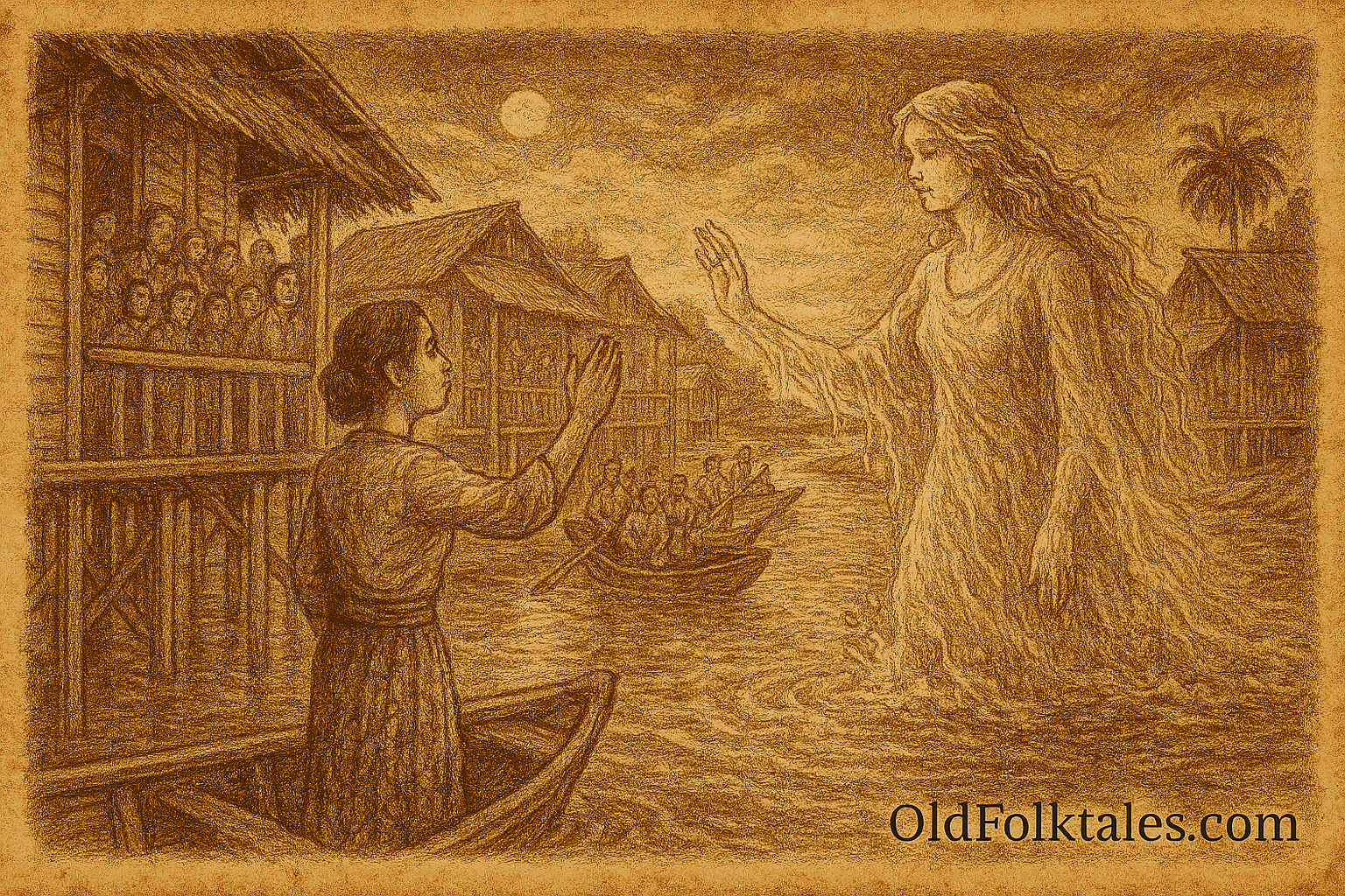 Sepia-toned parchment illustration depicting the Bruneian folktale of the Weeping Water Princess. A glowing, ethereal woman made of flowing water rises from the moonlit river, her sorrowful face streaming with tears. She extends one hand toward a young woman standing on a wooden boat, reaching out in reverence. Villagers in traditional clothing gather on stilted homes and boats, watching in awe and remorse. The river is filled with debris, reflecting the Princess’s grief. The background features palm trees, a winding riverbank, and a silver moon casting soft light over the scene. “OldFolktales.com” is inscribed at the bottom right.