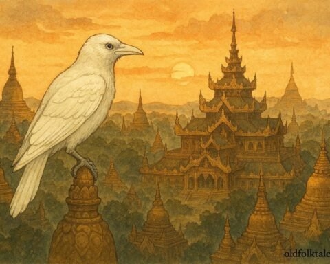 A white crow perched on a pagoda overlooking the ancient city of Pagan as a symbol of moral guidance.