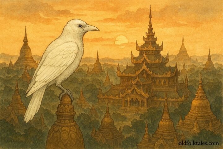 A white crow perched on a pagoda overlooking the ancient city of Pagan as a symbol of moral guidance.