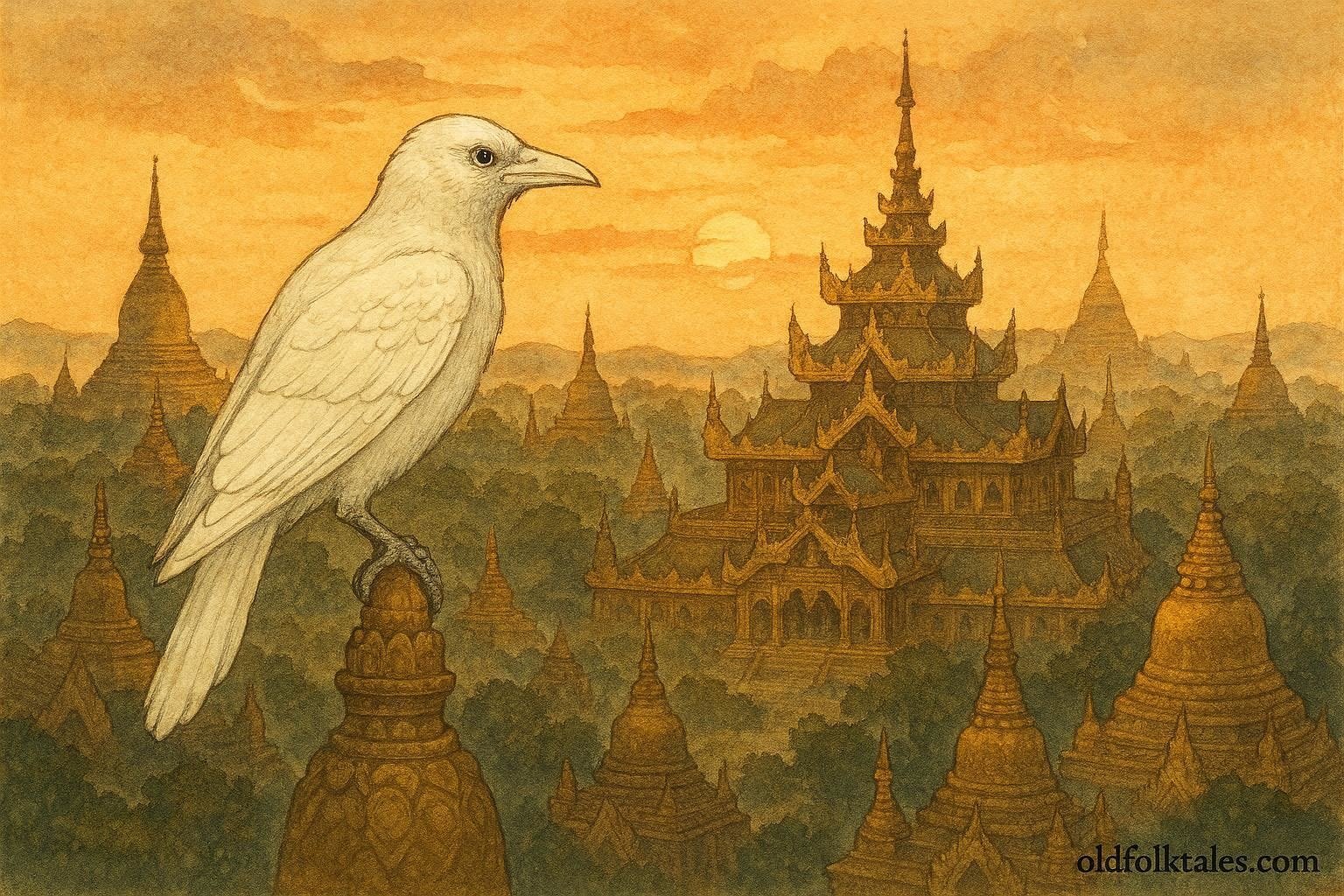 A white crow perched on a pagoda overlooking the ancient city of Pagan as a symbol of moral guidance.