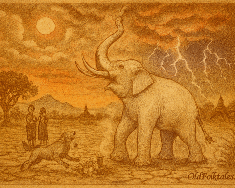 Sepia-toned illustration of a majestic white elephant standing in a cracked rice field, raising its trunk to the sky as lightning flashes and storm clouds gather overhead. Villagers in traditional Thai attire stand nearby in awe, hands clasped in prayer. A temple spire and tamarind trees dot the horizon. “OldFolktales.com” is inscribed in the bottom right corner.