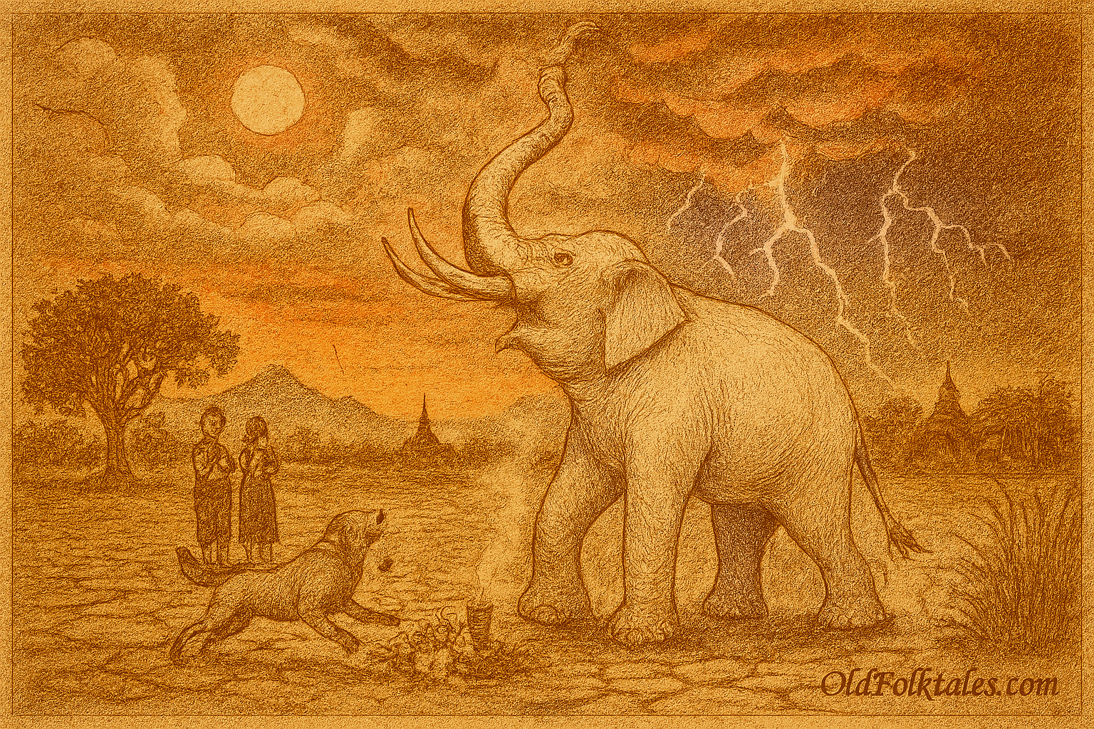 Sepia-toned illustration of a majestic white elephant standing in a cracked rice field, raising its trunk to the sky as lightning flashes and storm clouds gather overhead. Villagers in traditional Thai attire stand nearby in awe, hands clasped in prayer. A temple spire and tamarind trees dot the horizon. “OldFolktales.com” is inscribed in the bottom right corner.