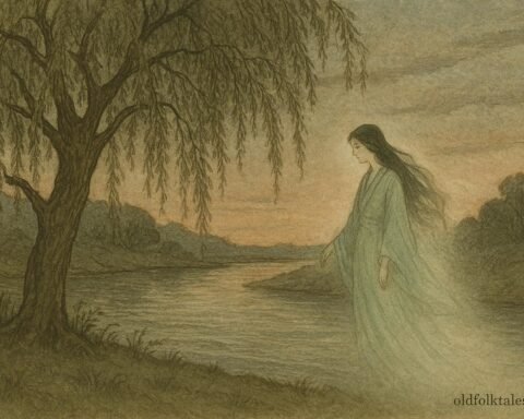 A willow tree spirit bride standing beside a river in a Japanese folktale