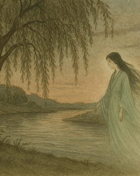 A willow tree spirit bride standing beside a river in a Japanese folktale