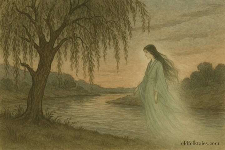 A willow tree spirit bride standing beside a river in a Japanese folktale