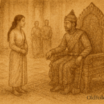 Sepia-toned illustration on aged rice parchment showing Sophea, a humble Cambodian girl, standing confidently before King Ponhea seated on an ornate throne inside a grand palace hall. The king wears traditional royal garments and gazes at her with respect. Background figures and apsara carvings adorn the scene. “OldFolktales.com” is inscribed at the bottom right.