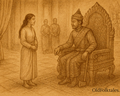 Sepia-toned illustration on aged rice parchment showing Sophea, a humble Cambodian girl, standing confidently before King Ponhea seated on an ornate throne inside a grand palace hall. The king wears traditional royal garments and gazes at her with respect. Background figures and apsara carvings adorn the scene. “OldFolktales.com” is inscribed at the bottom right.