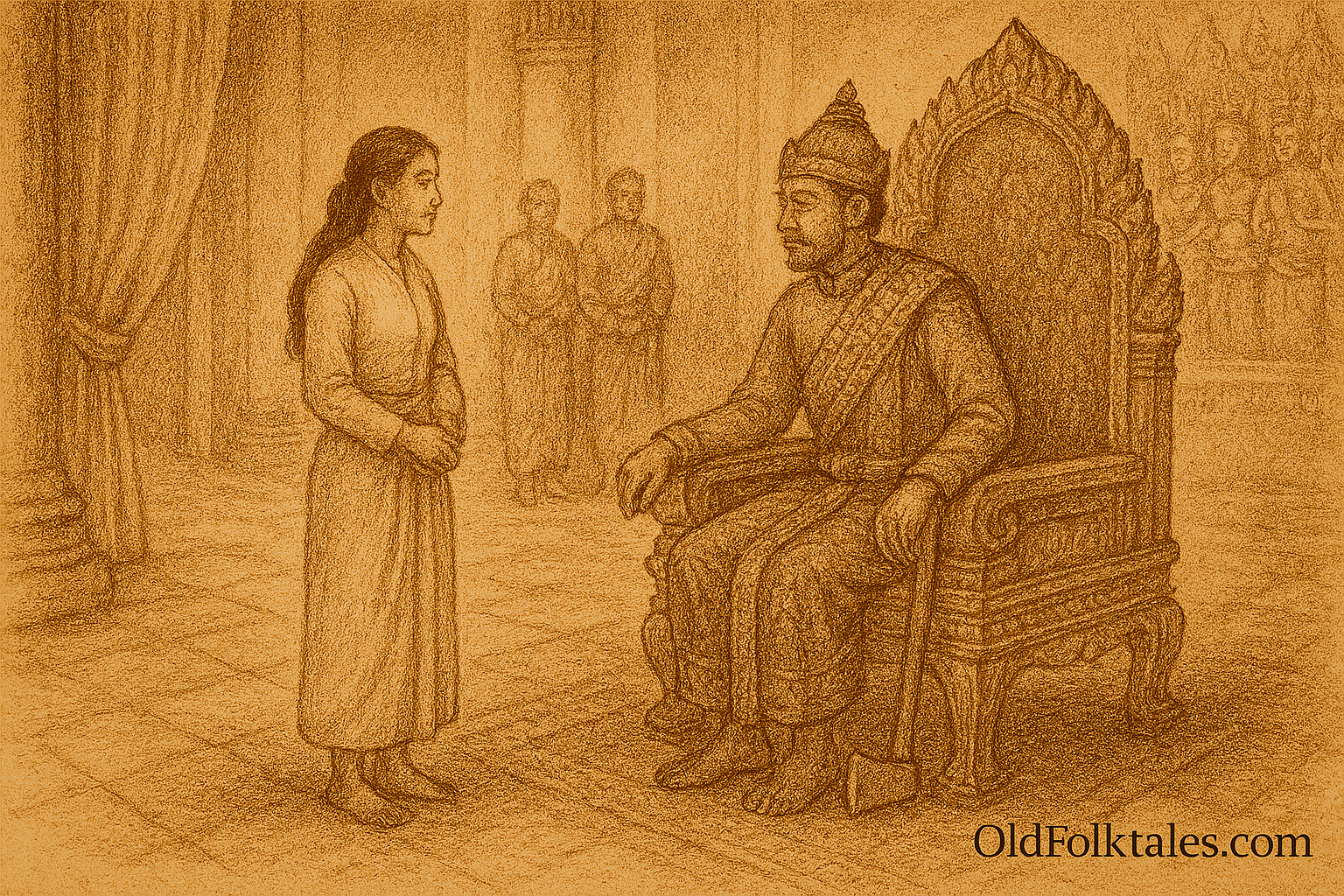 Sepia-toned illustration on aged rice parchment showing Sophea, a humble Cambodian girl, standing confidently before King Ponhea seated on an ornate throne inside a grand palace hall. The king wears traditional royal garments and gazes at her with respect. Background figures and apsara carvings adorn the scene. “OldFolktales.com” is inscribed at the bottom right.