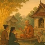 A Buddhist monk teaching villagers beside a glowing golden bamboo grove in a Lao folktale.