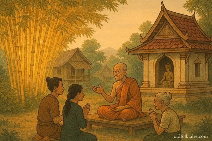 A Buddhist monk teaching villagers beside a glowing golden bamboo grove in a Lao folktale.