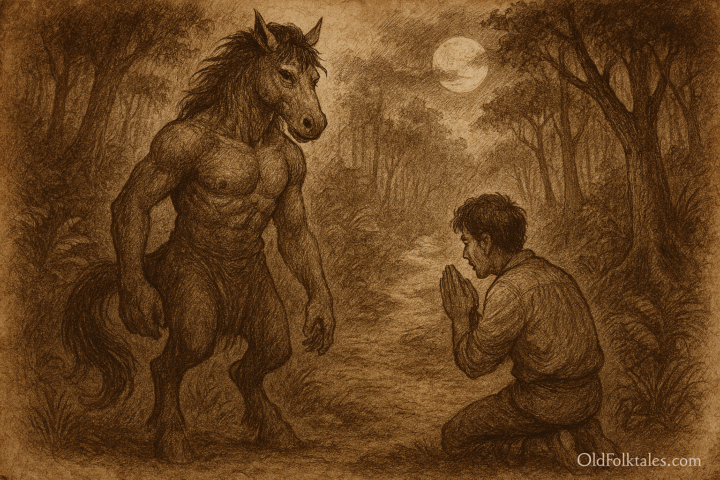 Sepia-toned parchment illustration of the Philippine legend Tikbalang. On a misty mountain trail in the Cordillera highlands, Ramon, a weary trader with a heavy pack, bows deeply with his shirt turned inside out, his face showing humility and fear. Behind him, looming in the swirling fog, the Tikbalang towers half-human, half-horse with a muscular warrior’s body, wild mane flowing like dark smoke, gleaming eyes, and hooves planted firmly on the rugged path. Ancient pine trees rise into the mist, their roots gripping the rocky terrain, while ghostly hoofprints mark the mud. The atmosphere is eerie yet sacred, capturing the moment of respect and revelation. “OldFolktales.com” is inscribed at the bottom right.