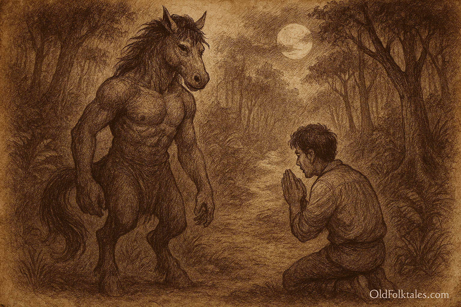Sepia-toned parchment illustration of the Philippine legend Tikbalang. On a misty mountain trail in the Cordillera highlands, Ramon, a weary trader with a heavy pack, bows deeply with his shirt turned inside out, his face showing humility and fear. Behind him, looming in the swirling fog, the Tikbalang towers half-human, half-horse with a muscular warrior’s body, wild mane flowing like dark smoke, gleaming eyes, and hooves planted firmly on the rugged path. Ancient pine trees rise into the mist, their roots gripping the rocky terrain, while ghostly hoofprints mark the mud. The atmosphere is eerie yet sacred, capturing the moment of respect and revelation. “OldFolktales.com” is inscribed at the bottom right.