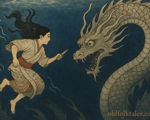 Tokoyo battling a sea serpent underwater, inspired by Japanese Izu Islands folklore.
