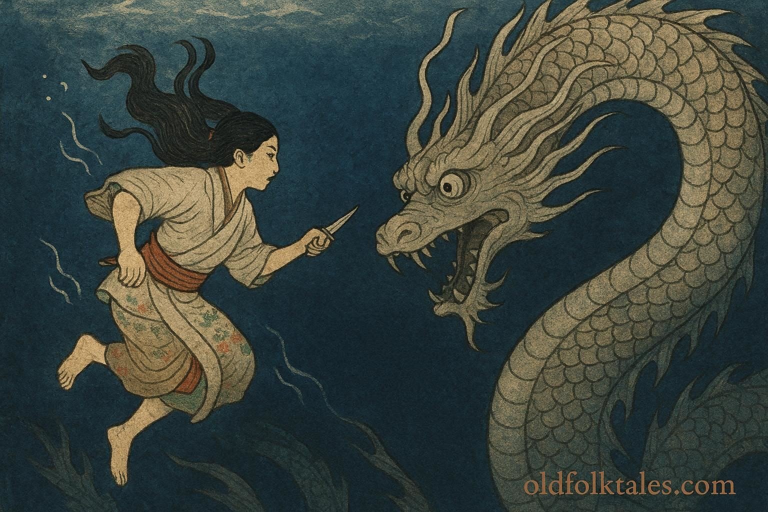 Tokoyo battling a sea serpent underwater, inspired by Japanese Izu Islands folklore.