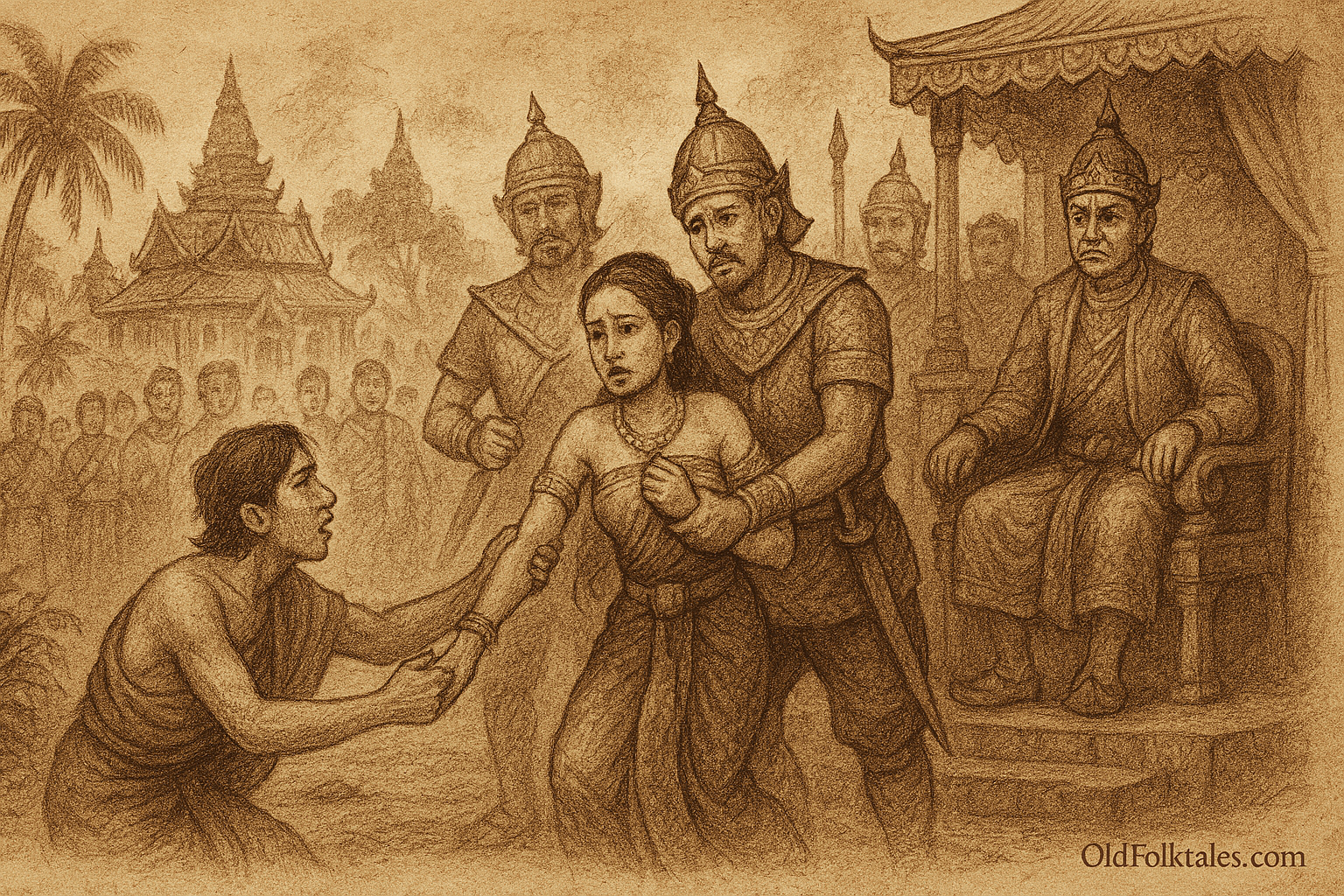 Sepia-toned parchment illustration of the Cambodian folktale Tum Teav. In the foreground, Tum, a young monk, kneels in anguish, reaching out to Teav as she is forcibly taken by guards. Teav, dressed in ornate Khmer attire, looks back with sorrow while a stern guard grips her arm. Behind them, more guards stand watch as a crowd of villagers and nobles observe with expressions of shock and grief. On the right, a high-ranking official sits on an elevated platform under a canopy, his face cold and unyielding. In the background, a traditional Cambodian temple rises among palm trees, evoking the grandeur and tragedy of the Khmer Empire. “OldFolktales.com” is inscribed at the bottom right.