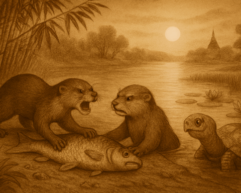 Sepia-toned illustration of the Irrawaddy River at dawn, showing two otters on a muddy riverbank arguing over a large fish between them. A wise old turtle emerges calmly from the water nearby, bamboo groves and water lilies framing the scene. The image symbolizes conflict resolved through wisdom, cooperation, and fair sharing in a traditional Burmese fable.