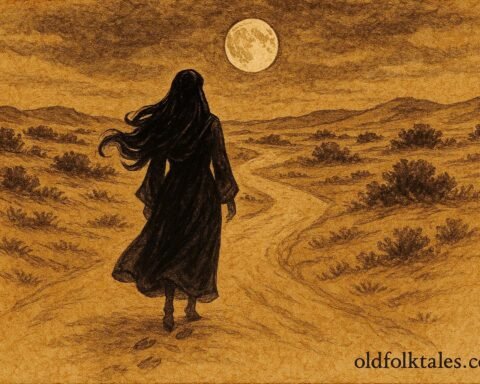 Parchment-style artwork of Umm Al Duwais in a Qatari desert, beautiful silhouette hiding her jinn nature.