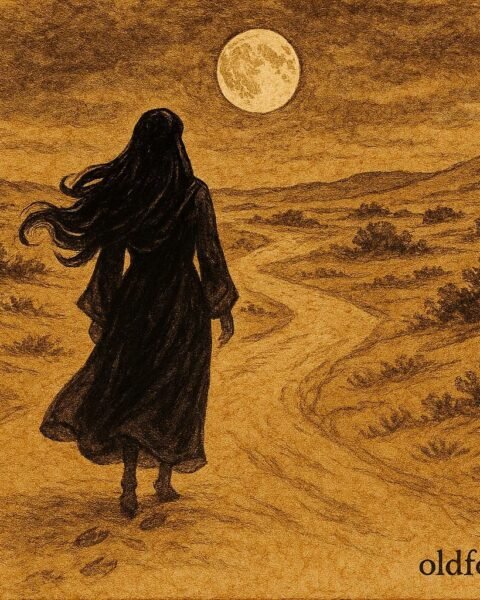 Parchment-style artwork of Umm Al Duwais in a Qatari desert, beautiful silhouette hiding her jinn nature.