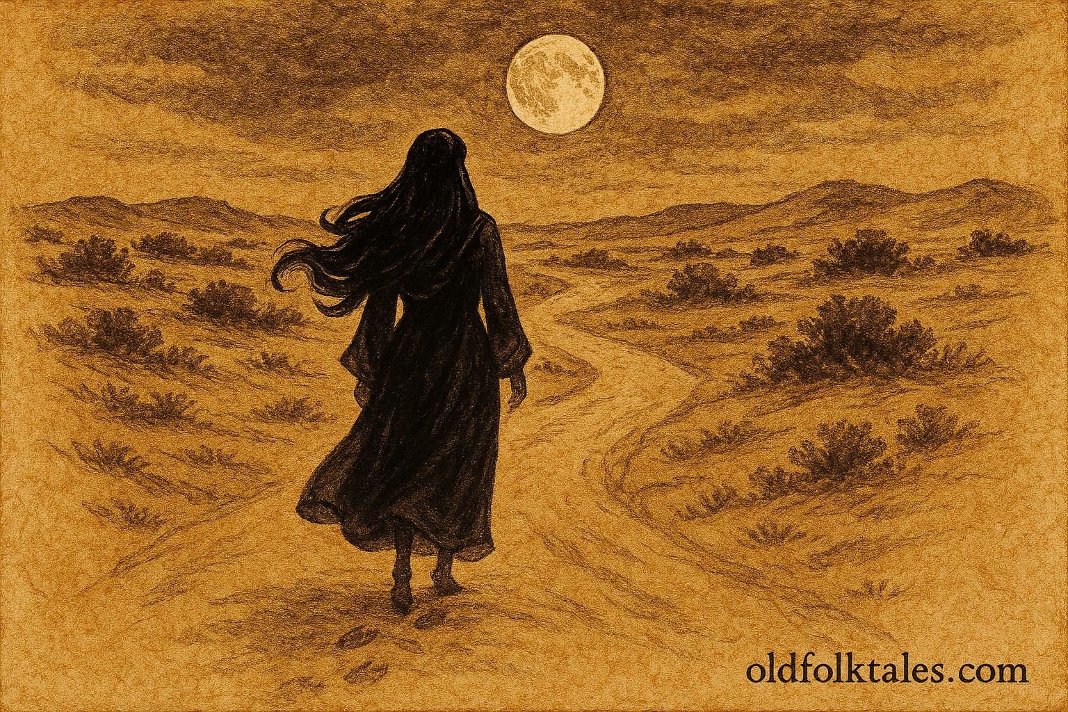 Parchment-style artwork of Umm Al Duwais in a Qatari desert, beautiful silhouette hiding her jinn nature.