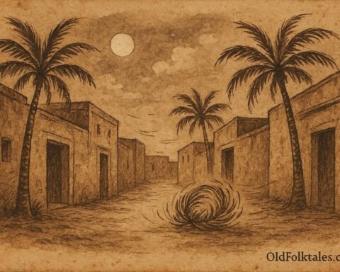 Parchment-style illustration of palm-frond creature in a Kuwaiti alley at night.