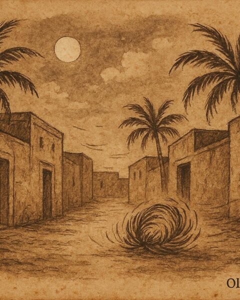 Parchment-style illustration of palm-frond creature in a Kuwaiti alley at night.