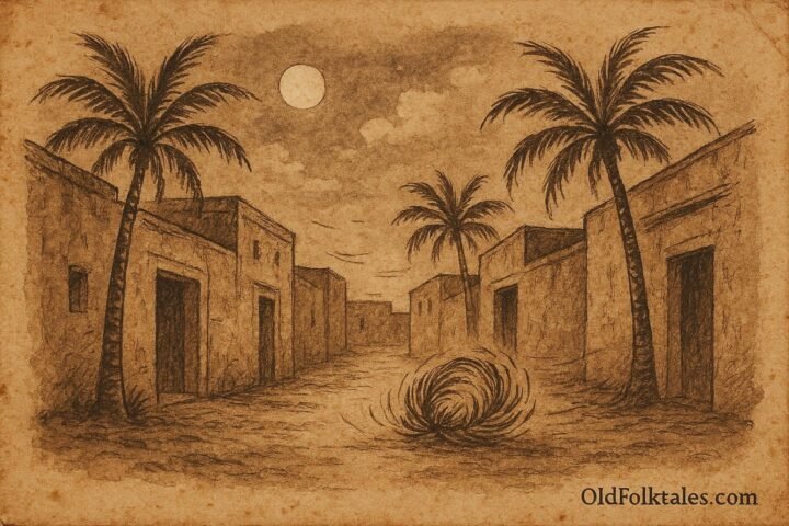Parchment-style illustration of palm-frond creature in a Kuwaiti alley at night.
