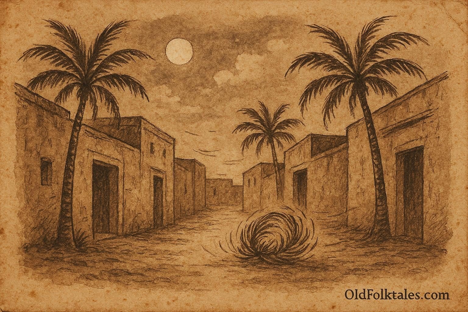 Parchment-style illustration of palm-frond creature in a Kuwaiti alley at night.