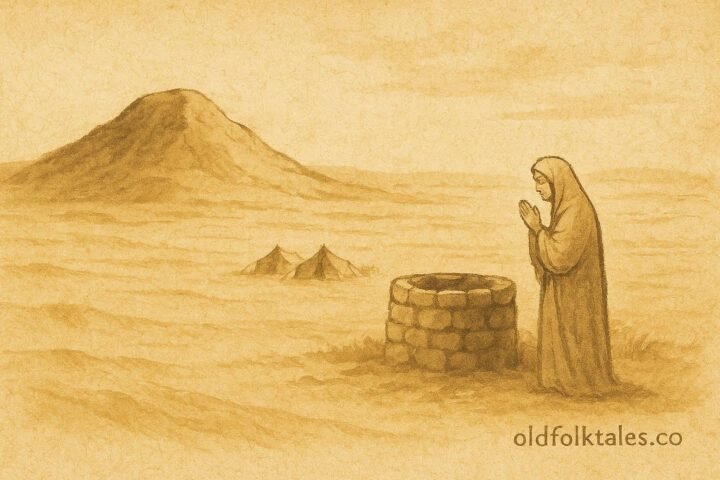 Parchment-style illustration of an old woman near a desert hill and well in a Qatari legend.