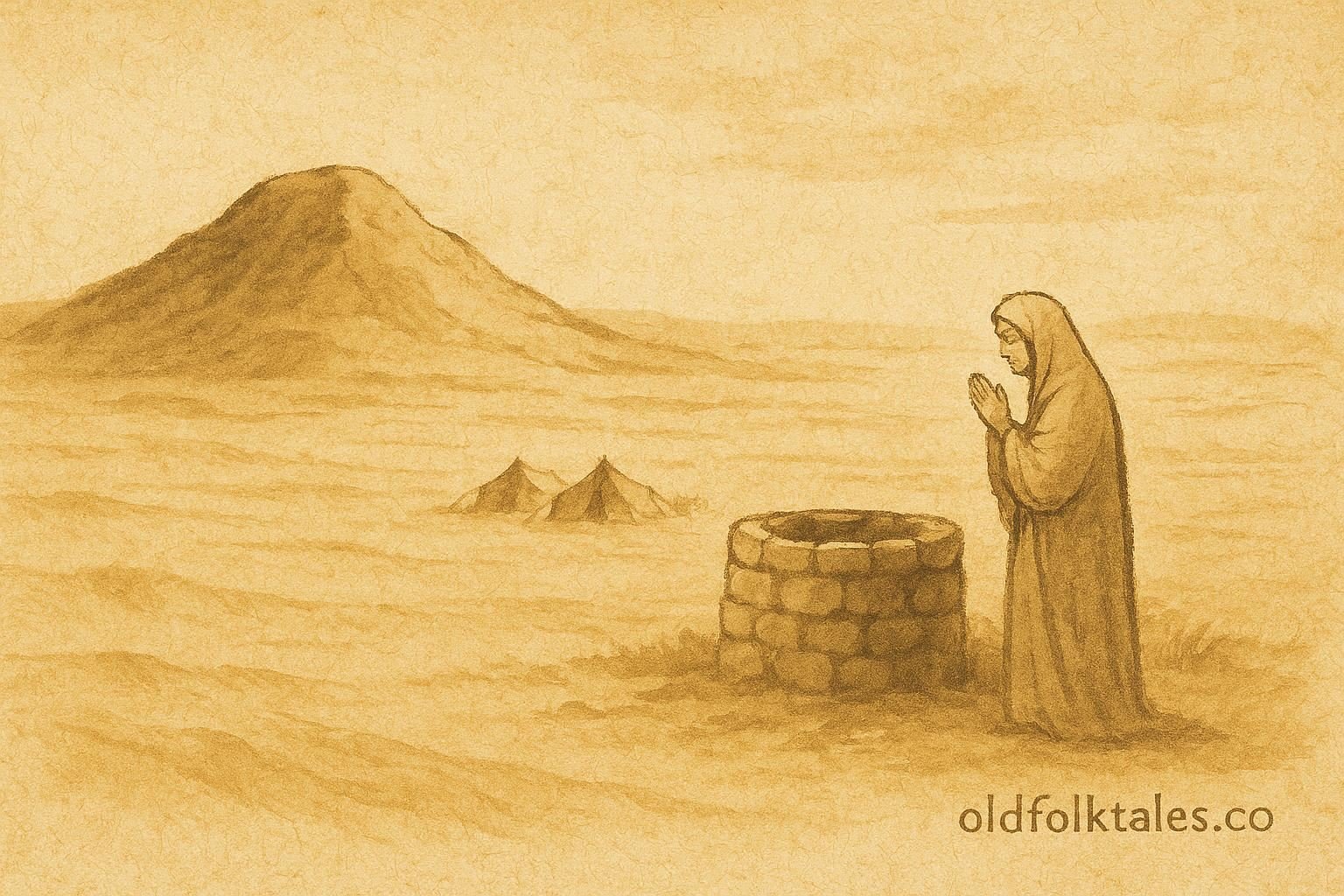 Parchment-style illustration of an old woman near a desert hill and well in a Qatari legend.