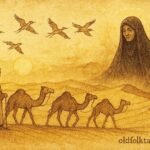 Parchment-style illustration of Zayed following hubara birds, guided by Umm al-Sa'af in Saudi desert.