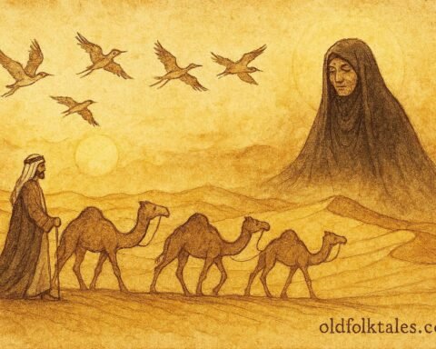 Parchment-style illustration of Zayed following hubara birds, guided by Umm al-Sa'af in Saudi desert.