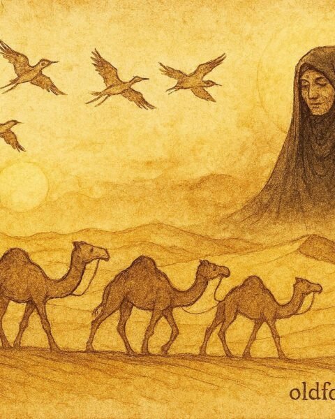 Parchment-style illustration of Zayed following hubara birds, guided by Umm al-Sa'af in Saudi desert.