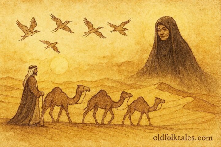 Parchment-style illustration of Zayed following hubara birds, guided by Umm al-Sa'af in Saudi desert.