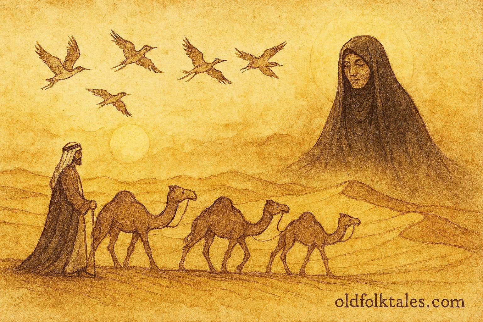 Parchment-style illustration of Zayed following hubara birds, guided by Umm al-Sa'af in Saudi desert.