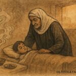 Parchment-style artwork of a Jordanian grandmother performing protective rituals over a child.