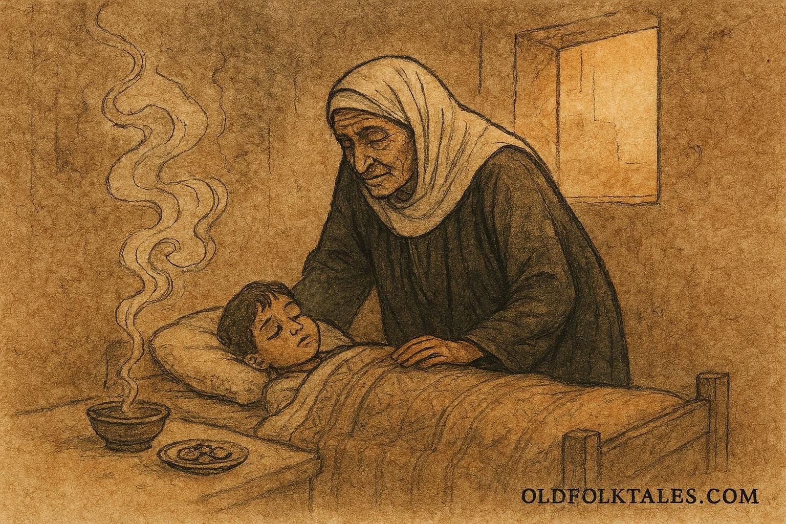Parchment-style artwork of a Jordanian grandmother performing protective rituals over a child.