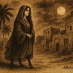 Parchment-style illustration of Umm al-Subyan revealing her donkey legs in a Bahraini night scene.