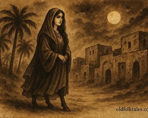 Parchment-style illustration of Umm al-Subyan revealing her donkey legs in a Bahraini night scene.