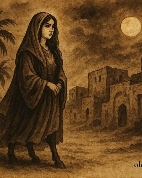 Parchment-style illustration of Umm al-Subyan revealing her donkey legs in a Bahraini night scene.
