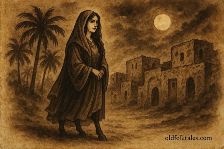 Parchment-style illustration of Umm al-Subyan revealing her donkey legs in a Bahraini night scene.