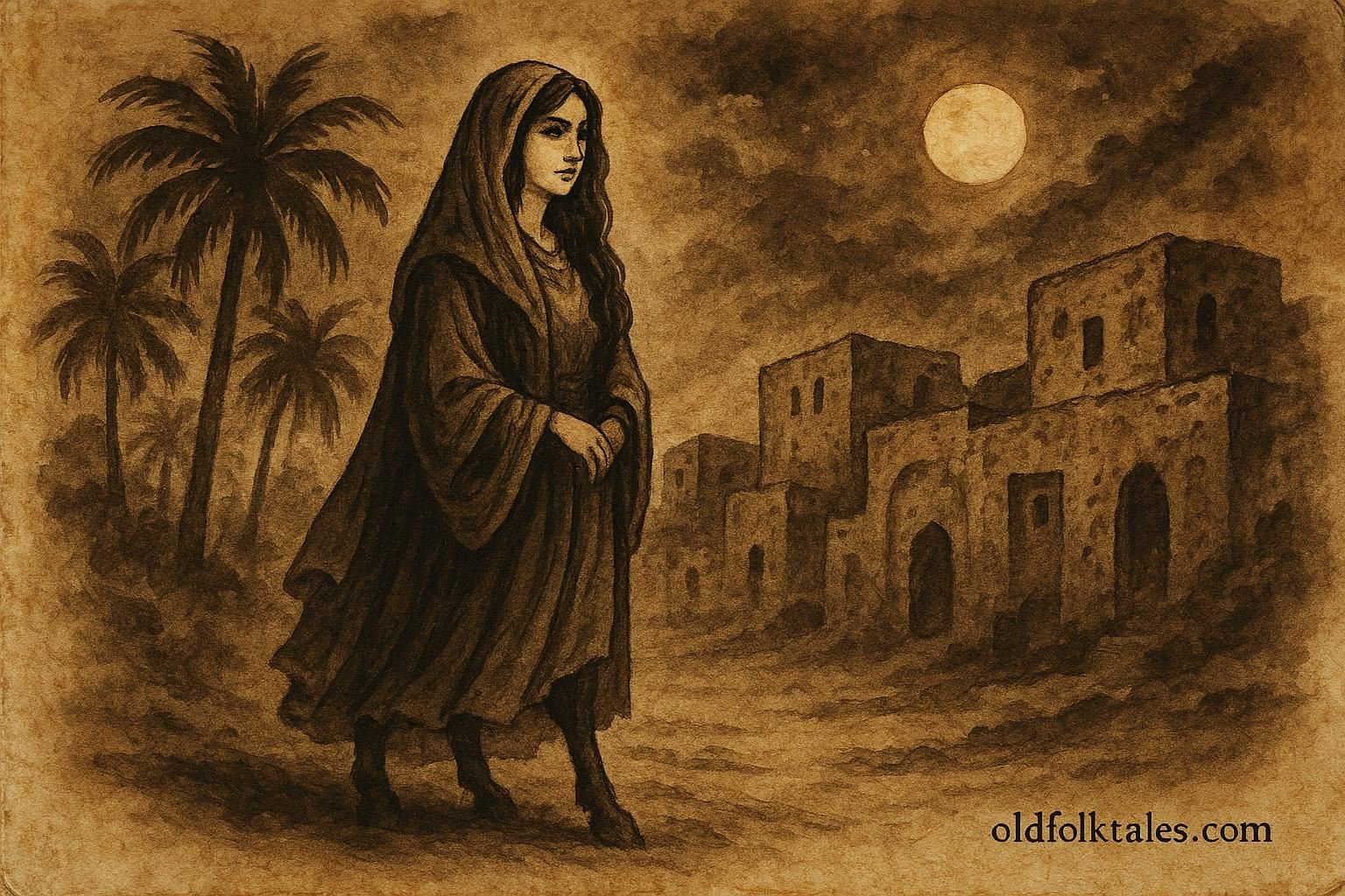 Parchment-style illustration of Umm al-Subyan revealing her donkey legs in a Bahraini night scene.